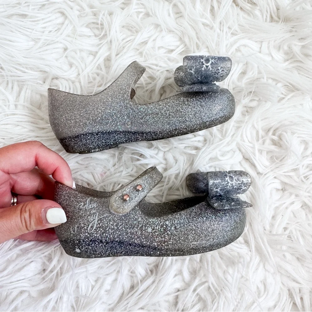 Mini Melissa Disney Frozen Glitter Silver Bow Mary Jane Shoes